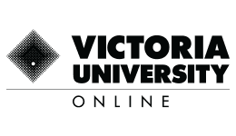 Logo of Victoria University in blue and white