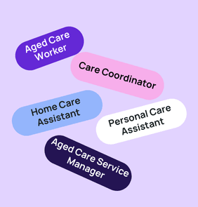 Word bubble graphic listing potential careers in Aged Care such as Aged Care Worker,Care Coordinator, Home Care Assistant, and more – featured on StudySelect’s Aged Care courses page
