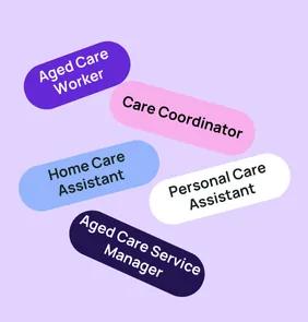 Word bubble graphic listing potential careers in Aged Care such as Aged Care Worker,Care Coordinator, Home Care Assistant, and more – featured on StudySelect’s Aged Care courses page