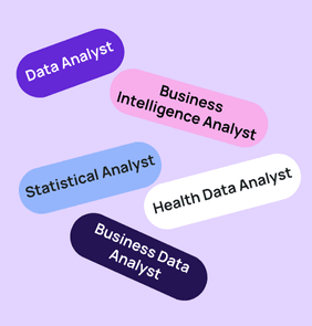 Word bubble graphic listing potential careers in Analytics such as Data Analyst,Business Intelligence Analyst, Statistical Analyst, and more – featured on StudySelect’s Analytics courses page