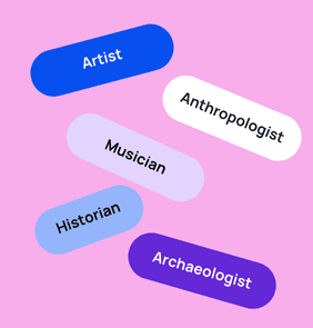 Word bubble graphic listing potential careers in Arts and Humanities such as Artist,Anthropologist, Musician, and more – featured on StudySelect’s Arts and Humanities courses page