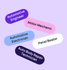 Word bubble graphic listing potential careers in Automotive such as Automotive Engineer,Motor Mechanic, Automotive Electrician, and more – featured on StudySelect’s Automotive courses page