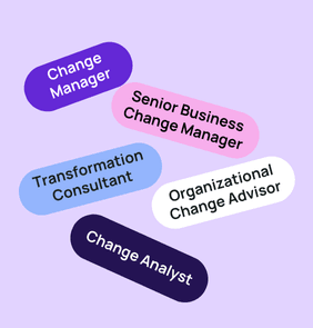 Word bubble graphic listing potential careers in Change Management such as Change Manager,Senior Business Change Manager, Transformation Consultant, and more – featured on StudySelect’s Change Management courses page