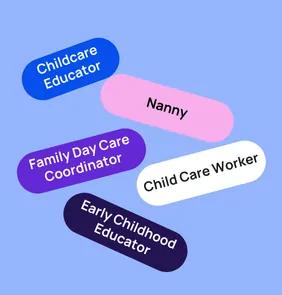 Word bubble graphic listing potential careers in Child Care such as Childcare Educator,Nanny, Family Day Care Coordinator, and more – featured on StudySelect’s Child Care courses page