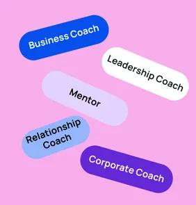Word bubble graphic listing potential careers in Coaching such as Business Coach,Leadership Coach, Mentor, and more – featured on StudySelect’s Coaching courses page