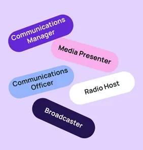 Word bubble graphic listing potential careers in Communications such as Communications Manager,Media Presenter, Communications Officer, and more – featured on StudySelect’s Communications courses page