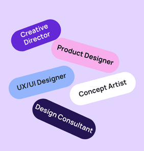 Word bubble graphic listing potential careers in Design such as Creative Director,Product Designer, UX/UI Designer, and more – featured on StudySelect’s Design courses page