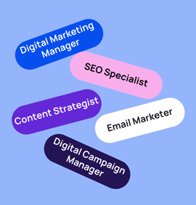 Word bubble graphic listing potential careers in Digital Marketing such as Digital Marketing Manager,SEO Specialist, Content Strategist, and more – featured on StudySelect’s Digital Marketing courses page