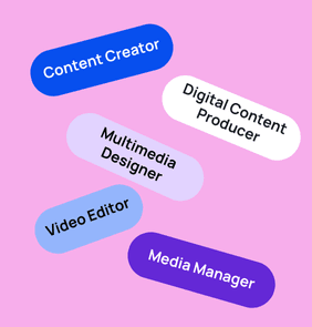Word bubble graphic listing potential careers in Digital Media such as Content Creator,Digital Content Producer, Multimedia Designer, and more – featured on StudySelect’s Digital Media courses page