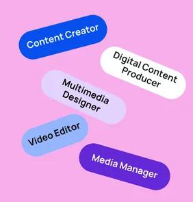 Word bubble graphic listing potential careers in Digital Media such as Content Creator,Digital Content Producer, Multimedia Designer, and more – featured on StudySelect’s Digital Media courses page