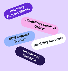 Word bubble graphic listing potential careers in Disability such as Disability Support Worker,Disabilities Services Officer, NDIS Support Worker, and more – featured on StudySelect’s Disability courses page
