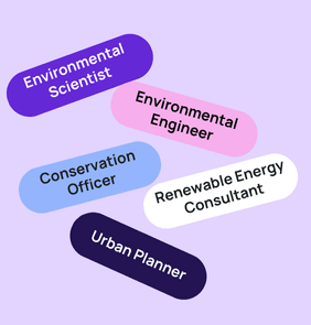 Word bubble graphic listing potential careers in Environmental such as Environmental Scientist,Environmental Engineer, Conservation Officer, and more – featured on StudySelect’s Environmental courses page