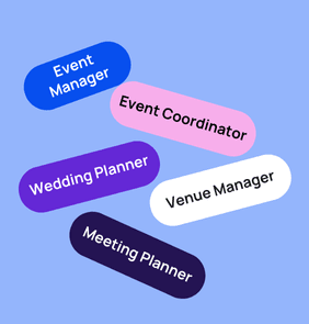 Word bubble graphic listing potential careers in Event Management such as Event Manager,Event Coordinator, Wedding Planner, and more – featured on StudySelect’s Event Management courses page