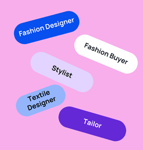 Word bubble graphic listing potential careers in Fashion Design such as Fashion Designer,Fashion Buyer, Stylist, and more – featured on StudySelect’s Fashion Design courses page