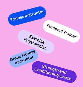 Word bubble graphic listing potential careers in Fitness such as Fitness Instructor,Personal Trainer, Exercise Physiologist, and more – featured on StudySelect’s Fitness courses page