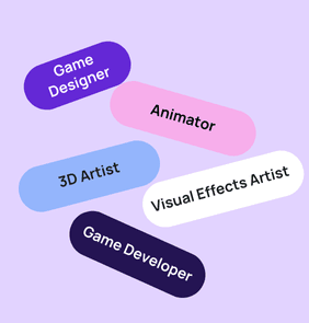 Word bubble graphic listing potential careers in Gaming and Animation such as Game Designer,Animator, 3D Artist, and more – featured on StudySelect’s Gaming and Animation courses page