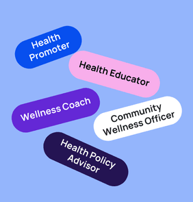 Word bubble graphic listing potential careers in Health such as Health Promoter,Health Educator, Wellness Coach, and more – featured on StudySelect’s Health courses page