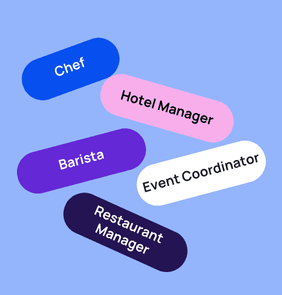 Word bubble graphic listing potential careers in Hospitality such as Chef,Hotel Manager, Barista, and more – featured on StudySelect’s Hospitality courses page