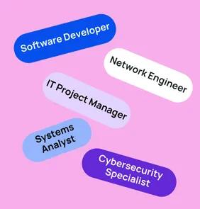 Word bubble graphic listing potential careers in IT such as Software Developer,Network Engineer, IT Project Manager, and more – featured on StudySelect’s IT courses page