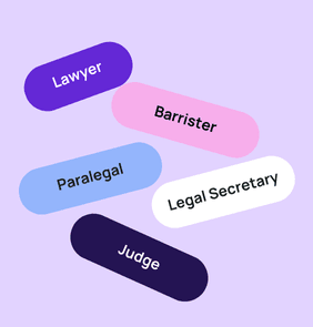 Word bubble graphic listing potential careers in Law such as Lawyer,Barrister, Paralegal, and more – featured on StudySelect’s Law courses page