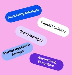 Word bubble graphic listing potential careers in Marketing such as Marketing Manager,Digital Marketer, Brand Manager, and more – featured on StudySelect’s Marketing courses page