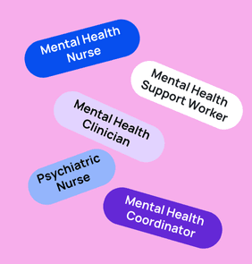 Word bubble graphic listing potential careers in Mental Health such as Mental Health Nurse,Mental Health Support Worker, Mental Health Clinician, and more – featured on StudySelect’s Mental Health courses page