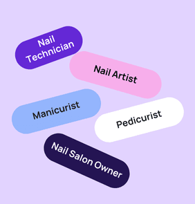 Word bubble graphic listing potential careers in Nail Technician such as Nail Technician,Nail Artist, Manicurist, and more – featured on StudySelect’s Nail Technician courses page