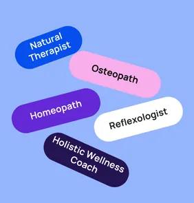 Word bubble graphic listing potential careers in Natural Therapy such as Natural Therapist,Osteopath, Homeopath, and more – featured on StudySelect’s Natural Therapy courses page