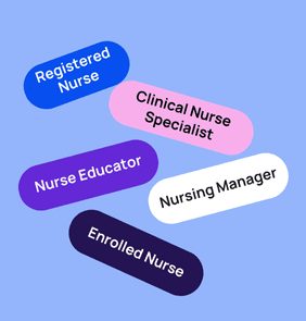 Word bubble graphic listing potential careers in Nursing such as Registered Nurse (RN),Clinical Nurse Specialist, Nurse Educator, and more – featured on StudySelect’s Nursing courses page
