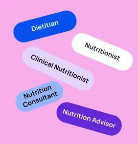 Word bubble graphic listing potential careers in Nutrition such as Dietitian,Nutritionist, Clinical Nutritionist, and more – featured on StudySelect’s Nutrition courses page
