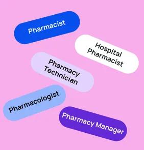 Word bubble graphic listing potential careers in Pharmacy such as Pharmacist,Hospital Pharmacist, Pharmacy Technician, and more – featured on StudySelect’s Pharmacy courses page