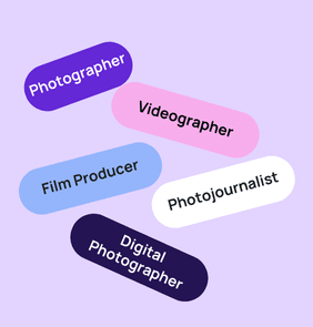 Word bubble graphic listing potential careers in Photography and Film such as Photographer,Videographer, Film Producer, and more – featured on StudySelect’s Photography and Film courses page