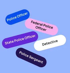 Word bubble graphic listing potential careers in Police such as Police Officer,Federal Police Officer, State Police Officer, and more – featured on StudySelect’s Police courses page