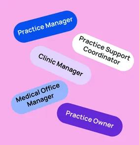 Word bubble graphic listing potential careers in Practice Management such as Practice Manager,Practice Support Coordinator, Clinic Manager, and more – featured on StudySelect’s Practice Management courses page
