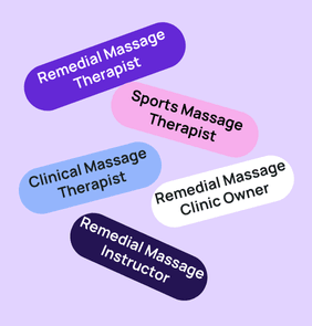 Word bubble graphic listing potential careers in Remedial Massage such as Remedial Massage Therapist,Sports Massage Therapist, Clinical Massage Therapist, and more – featured on StudySelect’s Remedial Massage courses page