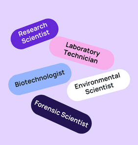 Word bubble graphic listing potential careers in Science such as Research Scientist,Laboratory Technician, Biotechnologist, and more – featured on StudySelect’s Science courses page