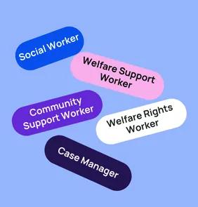 Word bubble graphic listing potential careers in Social Work such as Social Worker,Welfare Support Worker, Community Support Worker, and more – featured on StudySelect’s Social Work courses page