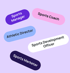 Word bubble graphic listing potential careers in Sports Management such as Sports Manager,Sports Coach, Athletic Director, and more – featured on StudySelect’s Sports Management courses page