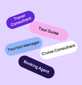 Word bubble graphic listing potential careers in Tourism such as Travel Consultant,Tour Guide, Tourism Manager, and more – featured on StudySelect’s Tourism courses page