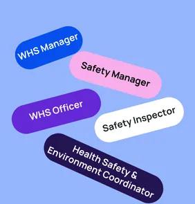 Word bubble graphic listing potential careers in WHS such as WHS Manager,Safety Manager, WHS Officer, and more – featured on StudySelect’s WHS courses page
