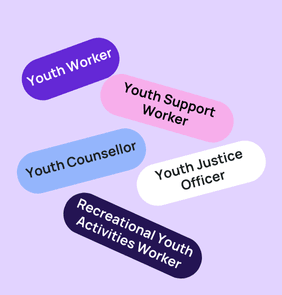 Word bubble graphic listing potential careers in Youth Work such as Youth Worker,Youth Support Worker, Youth Counsellor, and more – featured on StudySelect’s Youth Work courses page
