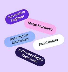 Word bubble graphic listing potential careers in Automotive such as Automotive Engineer,Motor Mechanic, Automotive Electrician, and more – featured on StudySelect’s Automotive courses page