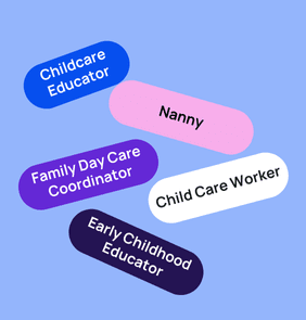 Word bubble graphic listing potential careers in Child Care such as Childcare Educator,Nanny, Family Day Care Coordinator, and more – featured on StudySelect’s Child Care courses page