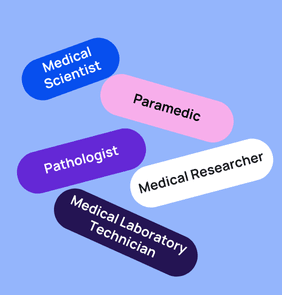 Word bubble graphic listing potential careers in Medical such as Medical Scientist,Paramedic, Pathologist, and more – featured on StudySelect’s Medical courses page