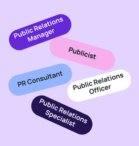 Word bubble graphic listing potential careers in Public Relations such as Public Relations Manager,Publicist, PR Consultant, and more – featured on StudySelect’s Public Relations courses page