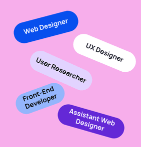 Word bubble graphic listing potential careers in Web Design and UX such as Web Designer,UX Designer, User Researcher, and more – featured on StudySelect’s Web Design and UX courses page