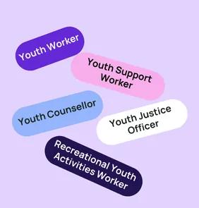 Word bubble graphic listing potential careers in Youth Work such as Youth Worker,Youth Support Worker, Youth Counsellor, and more – featured on StudySelect’s Youth Work courses page